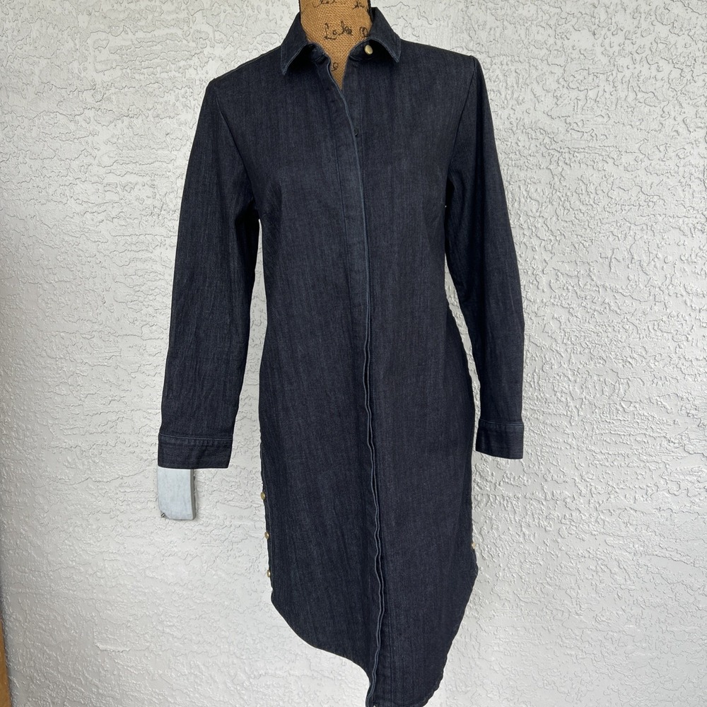 Chicos 1 Denim Shirt Dress Women 10 Blue Dark Wash Hidden Buttons Stretch